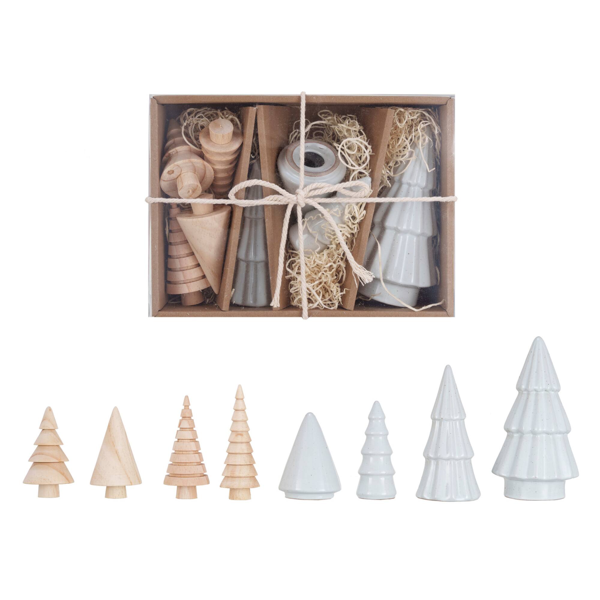Hello Honey® White & Natural Stoneware & Wood Christmas Trees Set